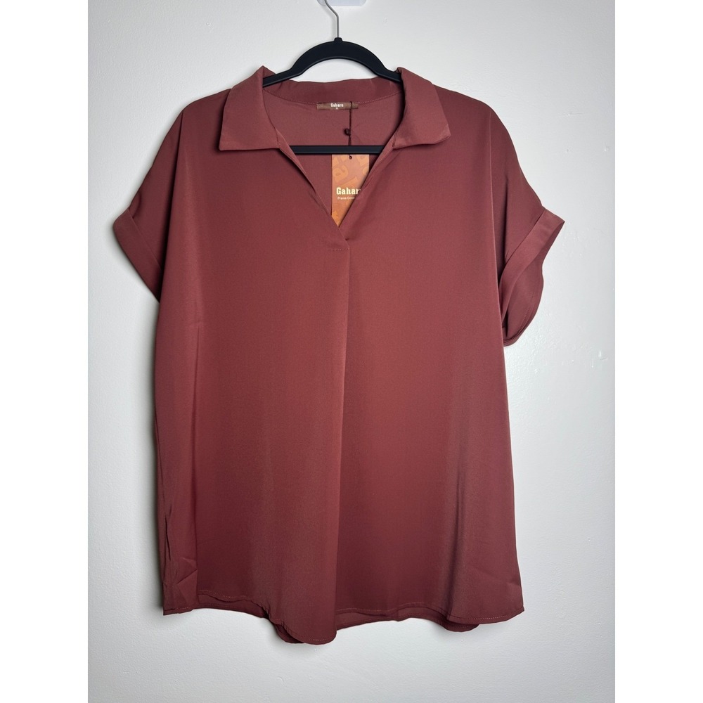 Gaharu Womens Terracotta V-Neck Cuffed Short Sleeve Blouse XL New